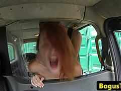 A mature MILF in lingerie gets her tight pussy pounded by a fake driver in a taxi