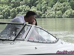 Passionate outdoor anal sex with a European babe on a speed boat
