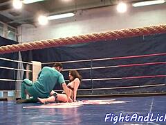 Lesbians get naughty in wrestling match with big-titted lesbian