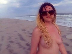 Emily Sky, the sexy blonde, fingering and fucking on public beach