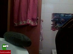 Outdoor fucking and cucumber play in the shower with a spanking