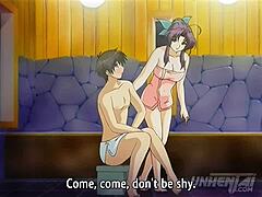 Önfeledt, érett nő segít egy fiatal srácnak a zuhany alatt - Hentai angol felirattal