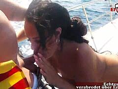 Fat tits slut enjoys outdoor sex on a boat